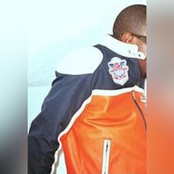 Vintage Y2K Biker Racer Jacket โ Genuine Pig Nappa Leather - orange navy Large - Picture 16 of 16